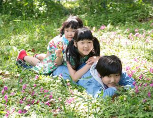 緑の中での3人兄弟の写真